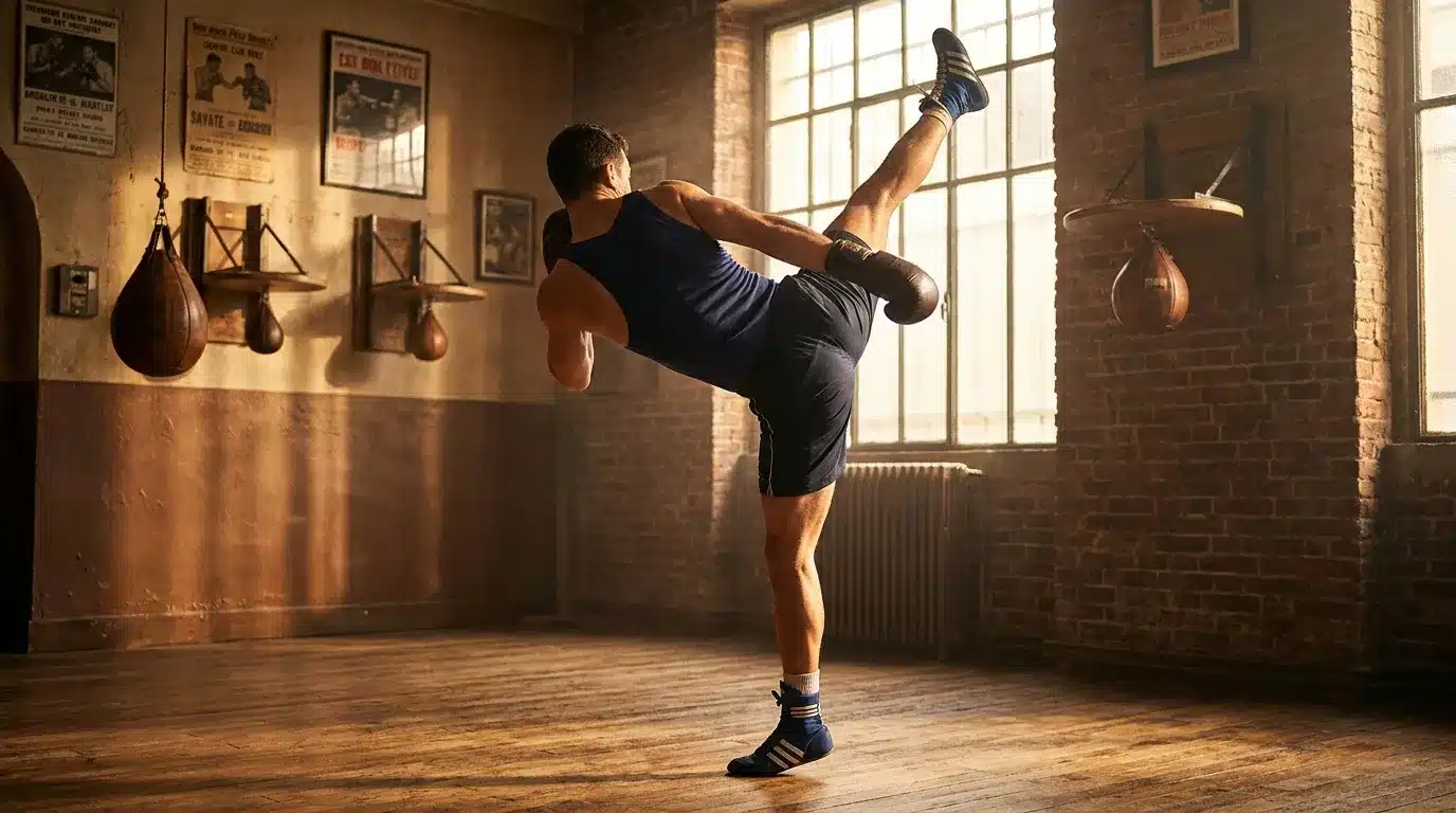 Boxeur exรฉcute un coup de pied dans un ancien gymnase
