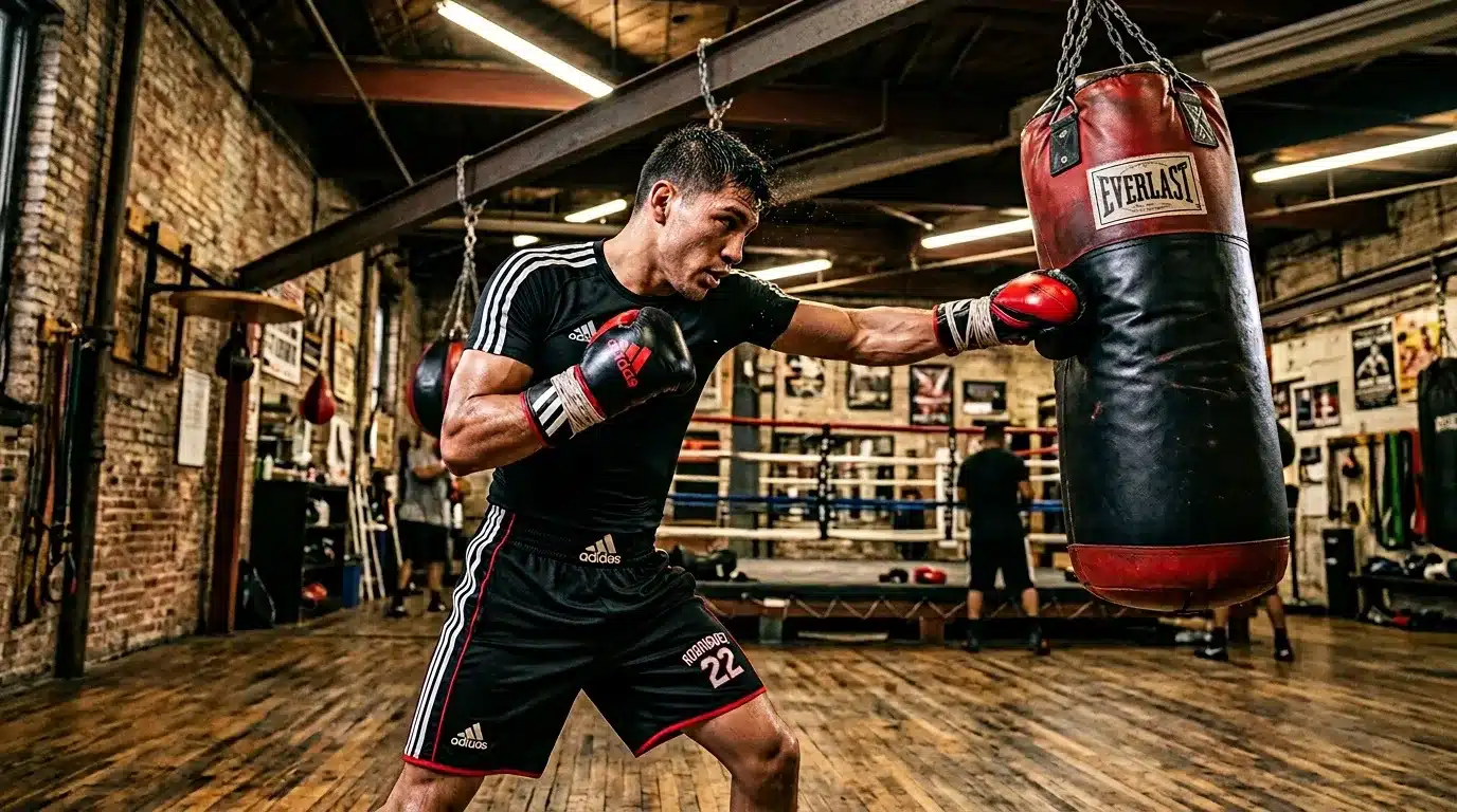 Boxeur frappe un sac de boxe Everlast en salle d'entraรฎnement