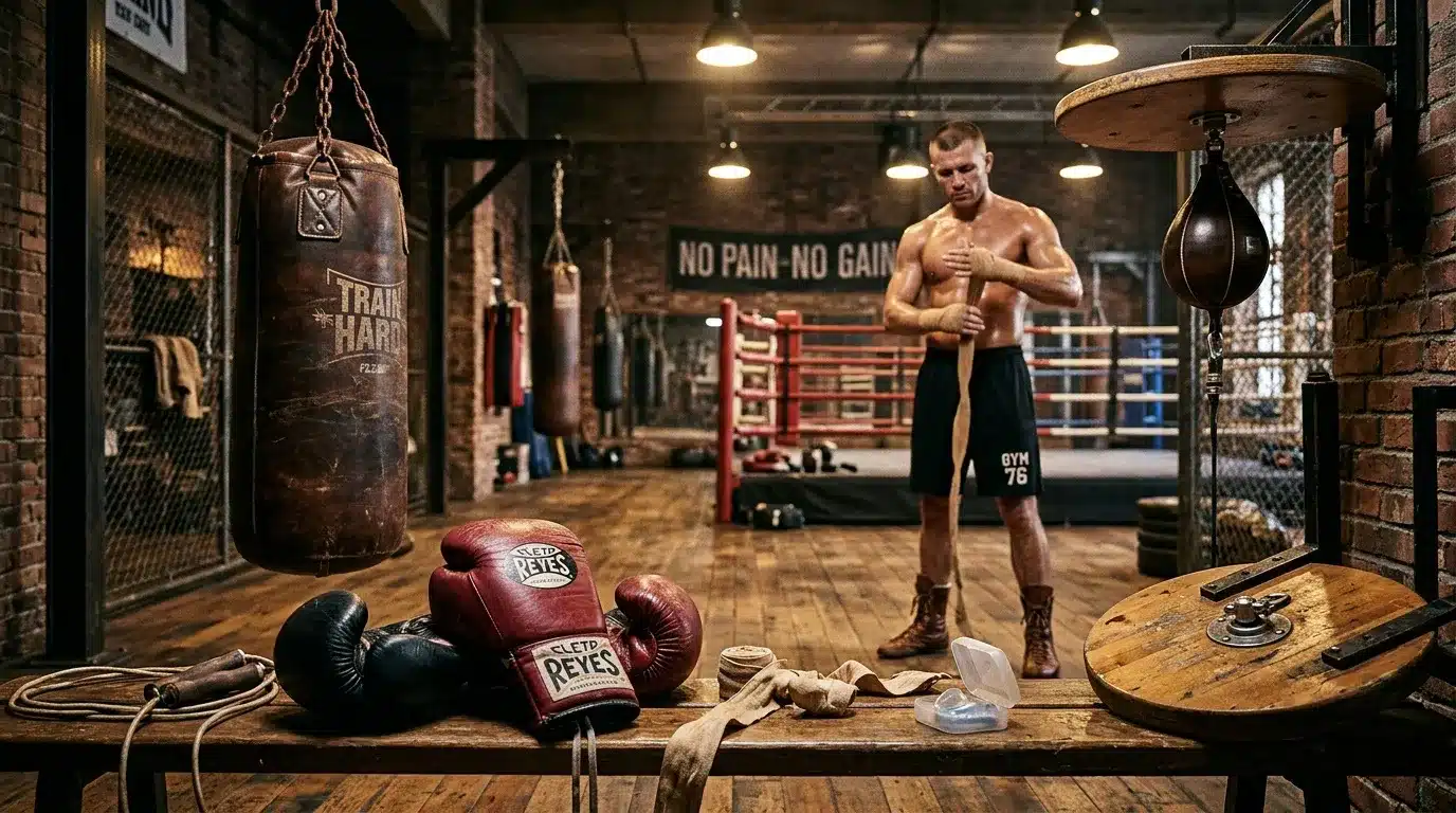 Boxeur musclรฉ s'entraรฎne dans un gym avec รฉquipements de boxe professionnels
