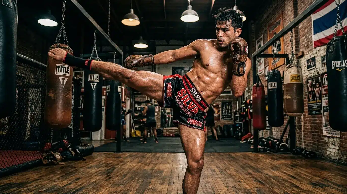 Kickboxeur pratiquant un coup de pied en salle d'entraînement