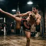 Combattant pratiquant coup de pied Muay Thai salle d'entraînement