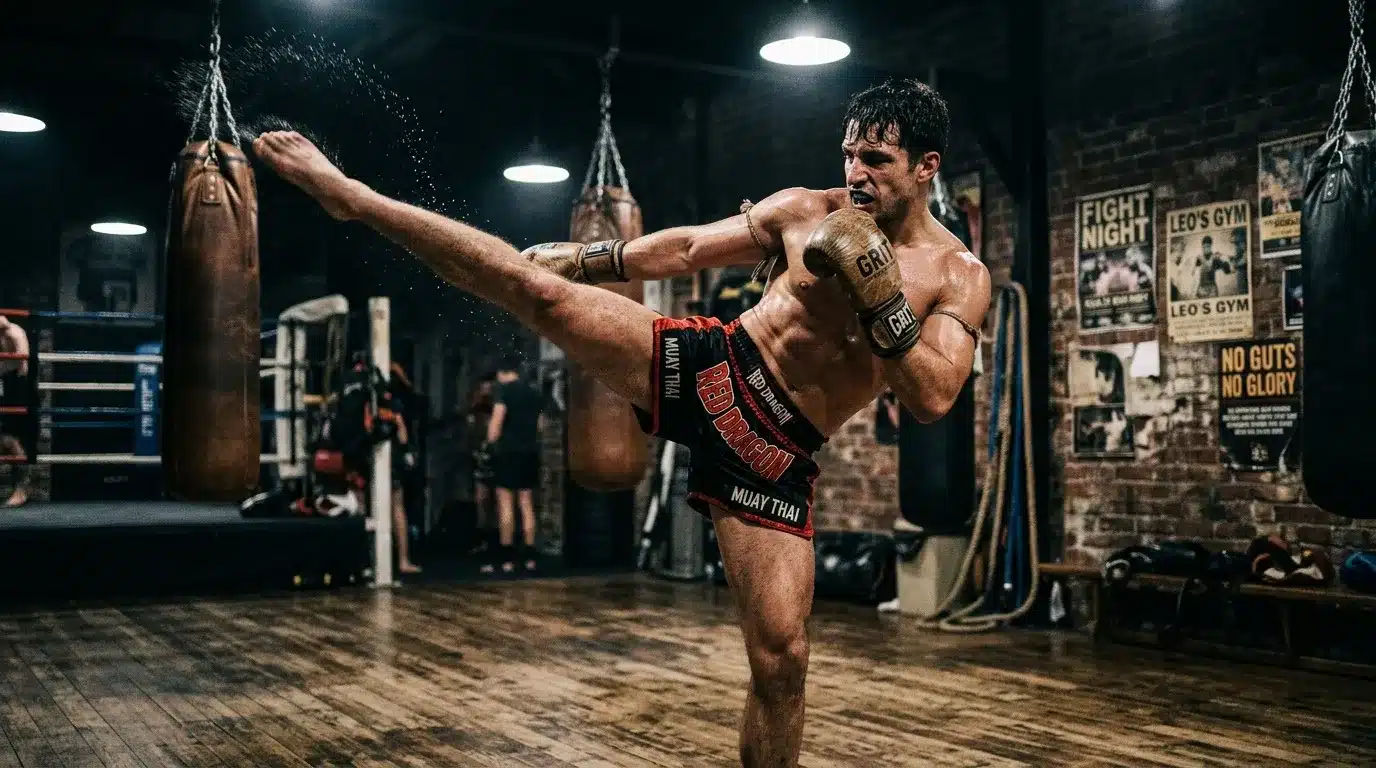 Combattant pratiquant coup de pied Muay Thai salle d'entraรฎnement