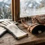 Deux paires de gants sur un rebord de fenêtre enneigée avec montagne