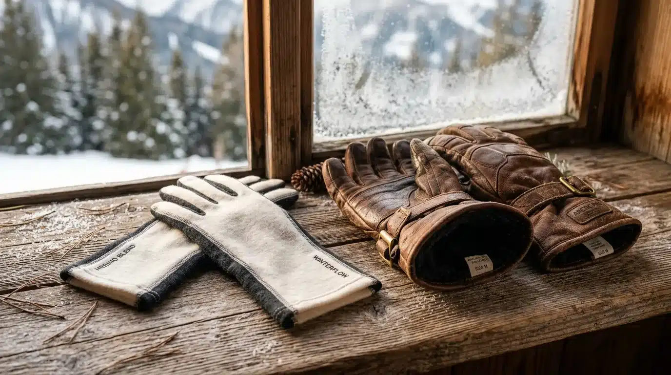 Deux paires de gants sur un rebord de fenรชtre enneigรฉe avec montagne