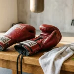 Gants de boxe rouges sur table en bois avec produit conditionneur cuir