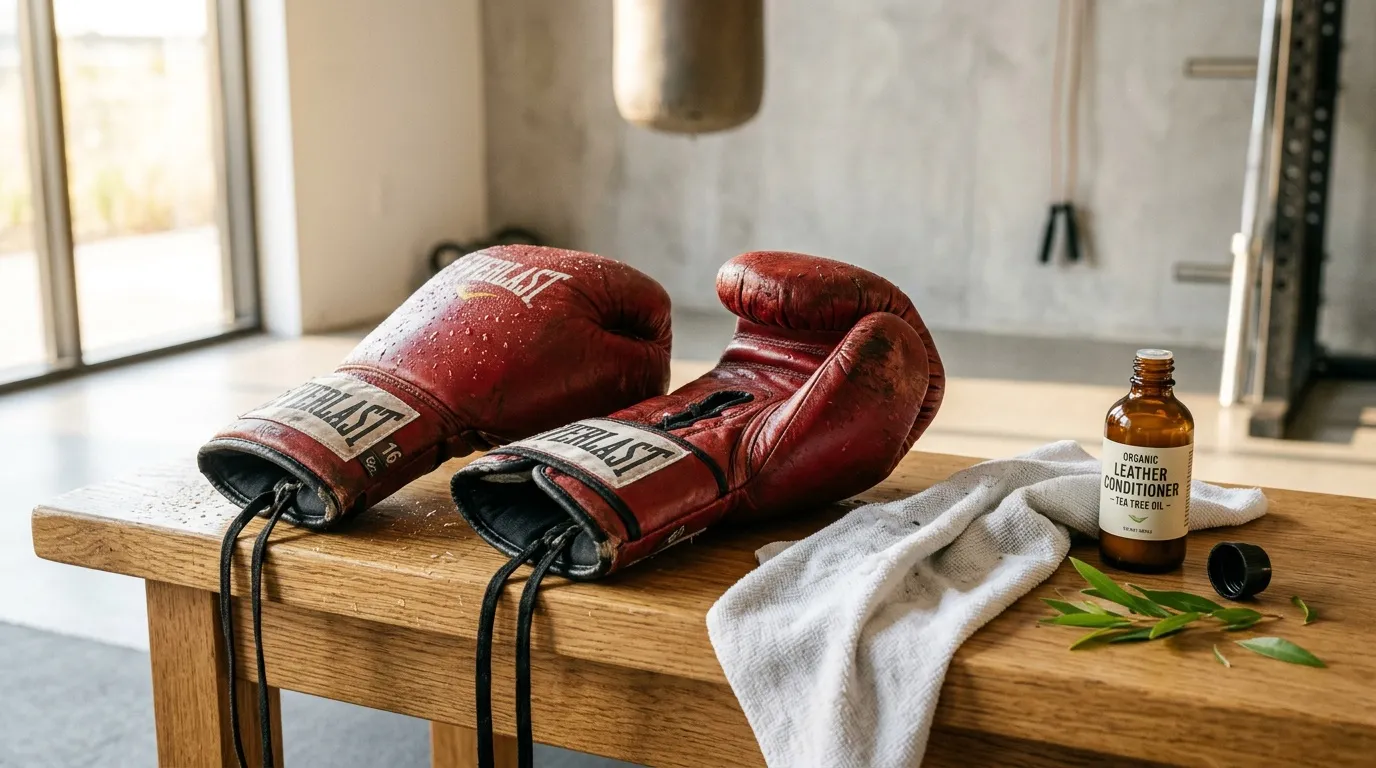 Gants de boxe rouges sur table en bois avec produit conditionneur cuir