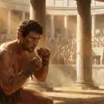 Gladiateur musclé en position de combat dans amphithéâtre romain