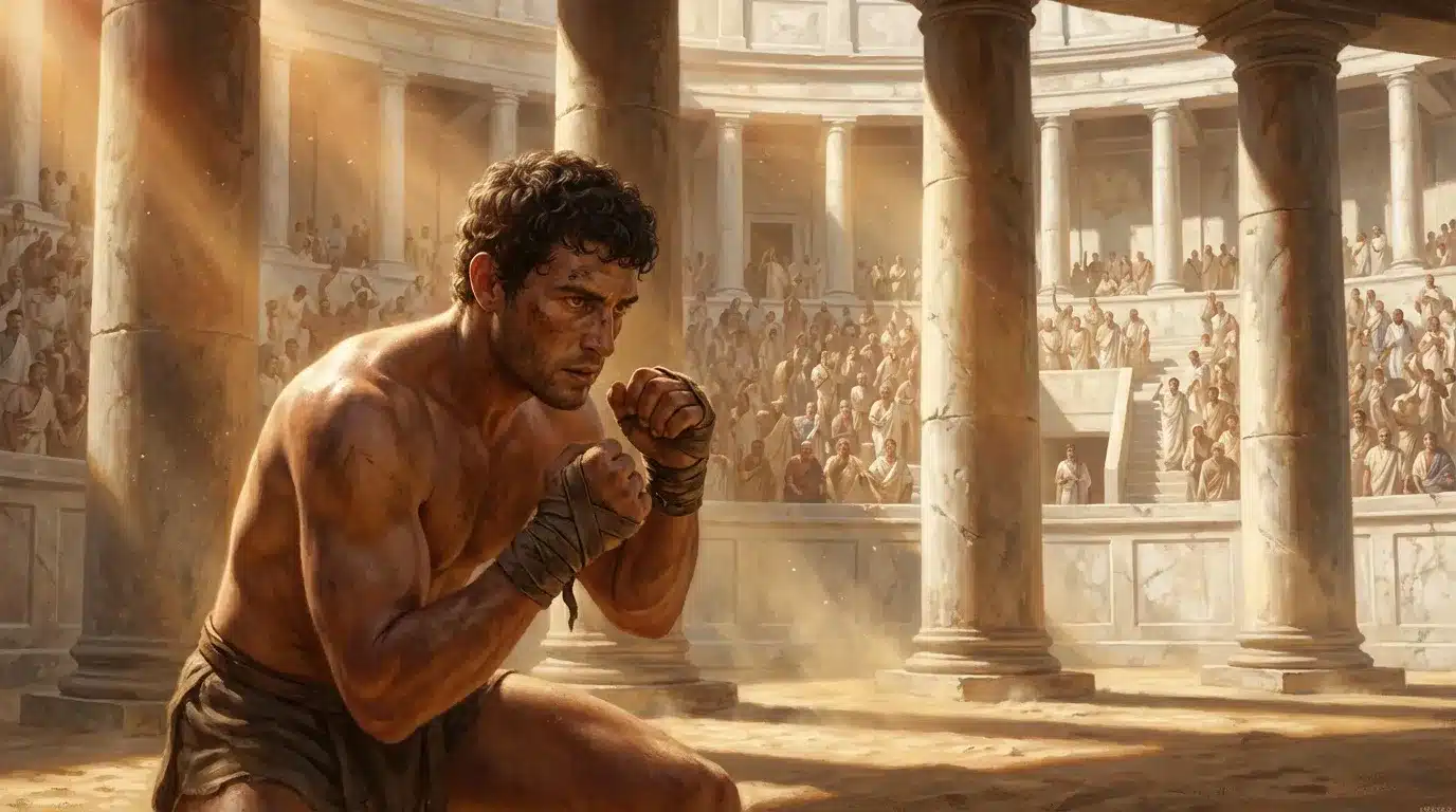 Gladiateur musclé en position de combat dans amphithéâtre romain