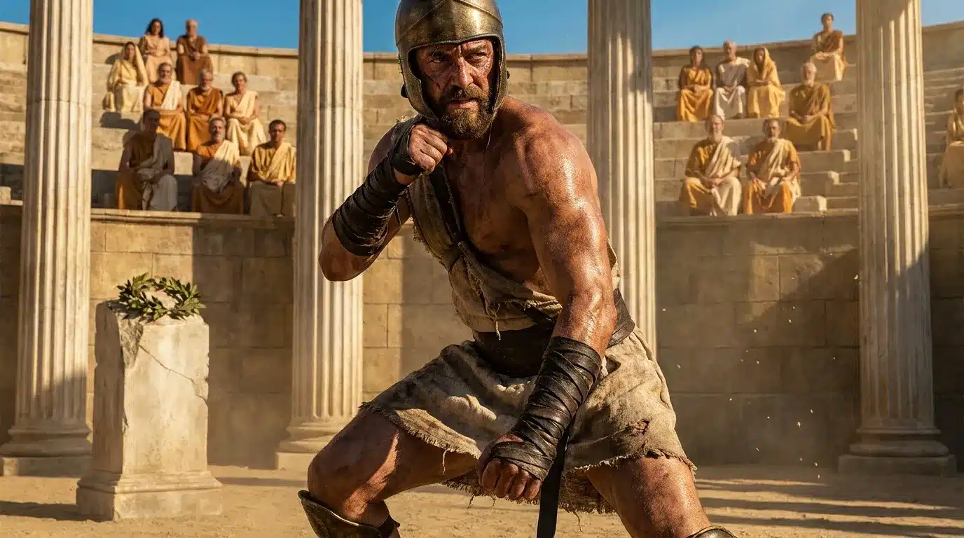Gladiateur musclé avec casque bronze en arène romaine