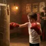 Enfant en gants de boxe frappant un sac de boxe