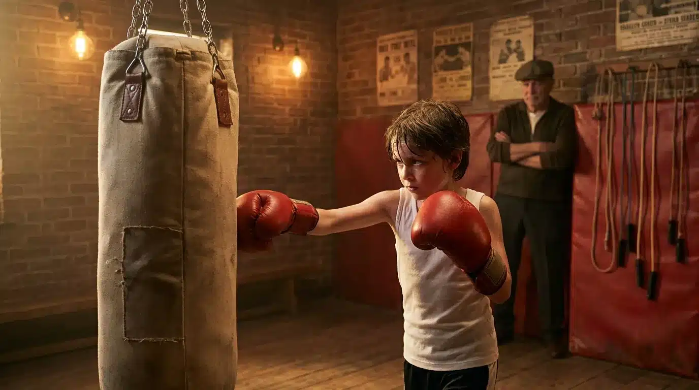 Enfant en gants de boxe frappant un sac de boxe