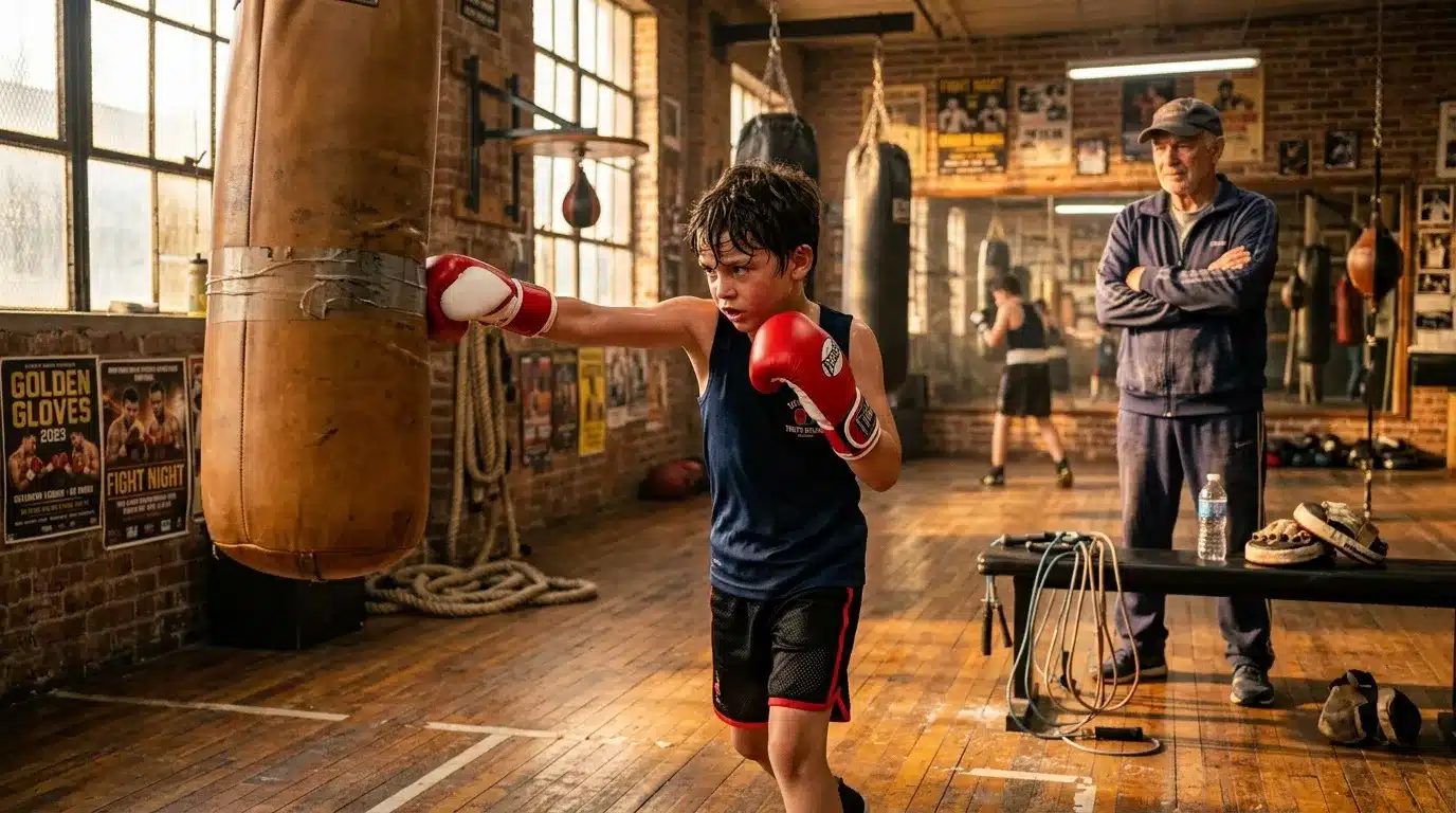 Enfant boxe au sac avec entraรฎneur observant en arriรจre-plan