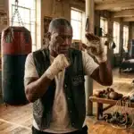 Entraîneur de boxe en garde dans un ancien gymnase historique.