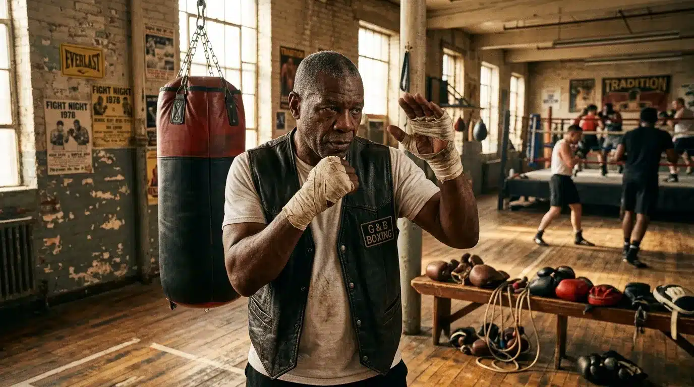 Entraรฎneur de boxe en garde dans un ancien gymnase historique.