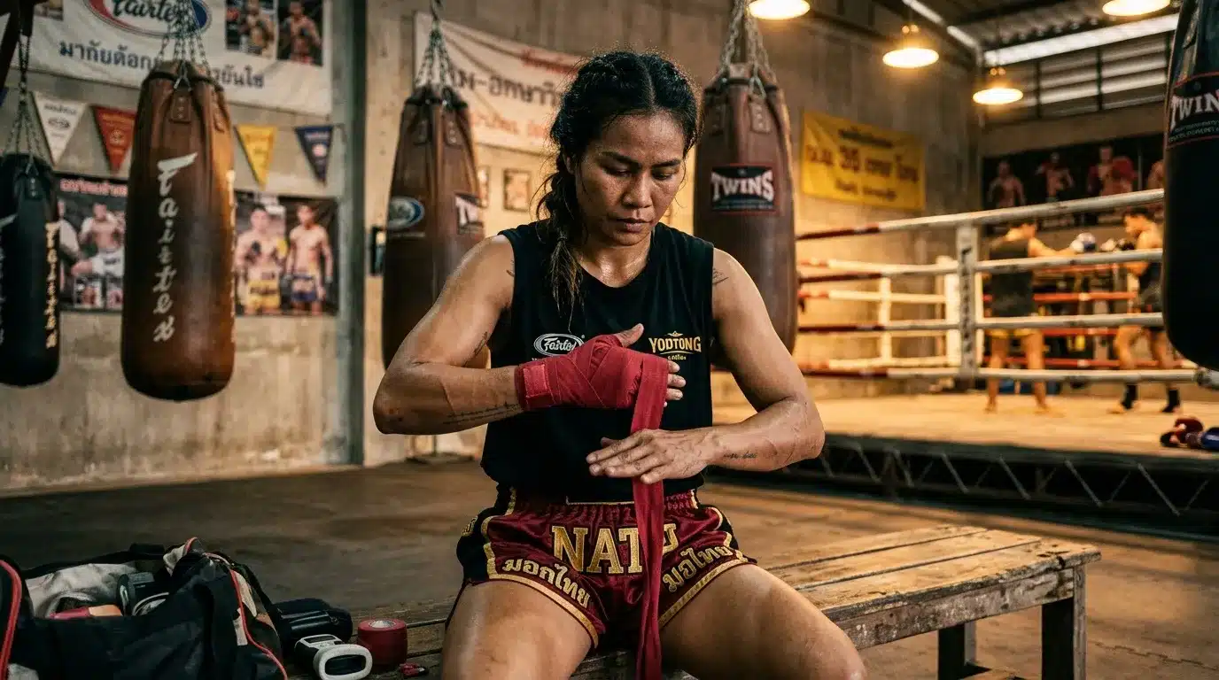 Boxeuse enroule ses mains avant un entraรฎnement de boxe