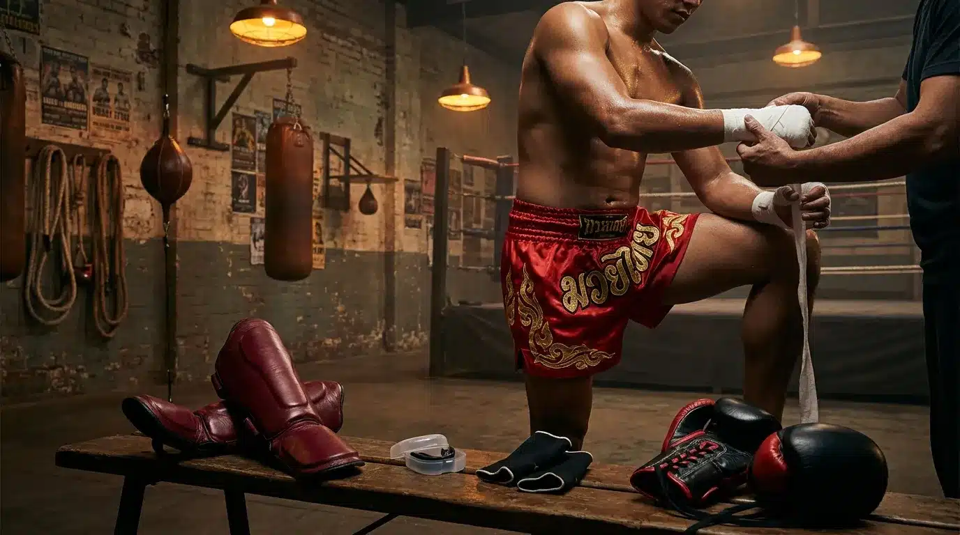 Boxeur enveloppant ses mains dans un vestiaire de gym