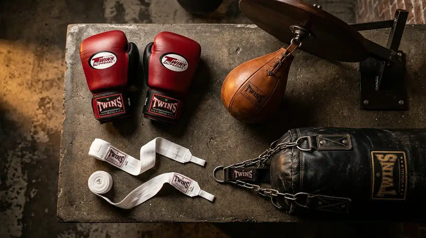 Gants de boxe rouges Twins, bandes, poire et équipement d'entraînement