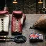 Gants de boxe, corde à sauter et accessoires de boxe sur table en bois