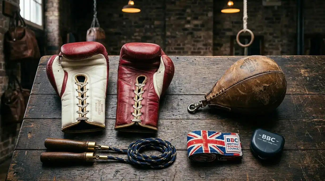 Gants de boxe, corde à sauter et accessoires de boxe sur table en bois
