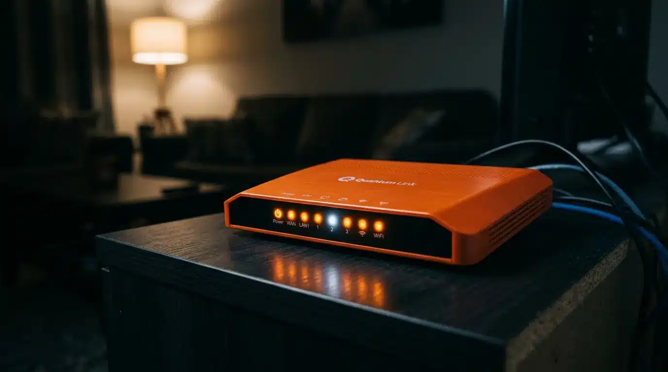 Routeur orange avec voyants LED allumรฉs sur table