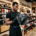 Homme examisant protège-poitrine IRONCLAD en magasin de boxe