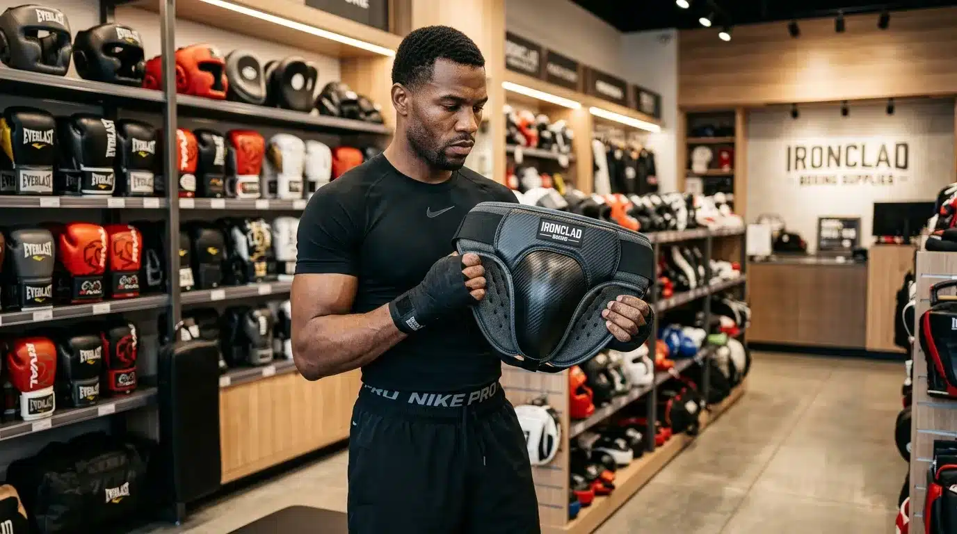 Homme examisant protège-poitrine IRONCLAD en magasin de boxe