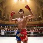 Boxeur thaï célèbre sa victoire dans un ring
