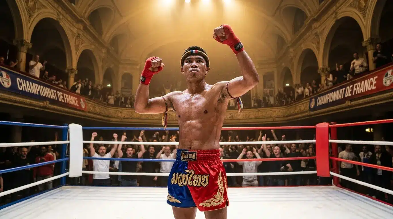 Boxeur thaï célèbre sa victoire dans un ring