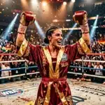 Boxeuse célébrant sa victoire, bras levés, ring professionnel