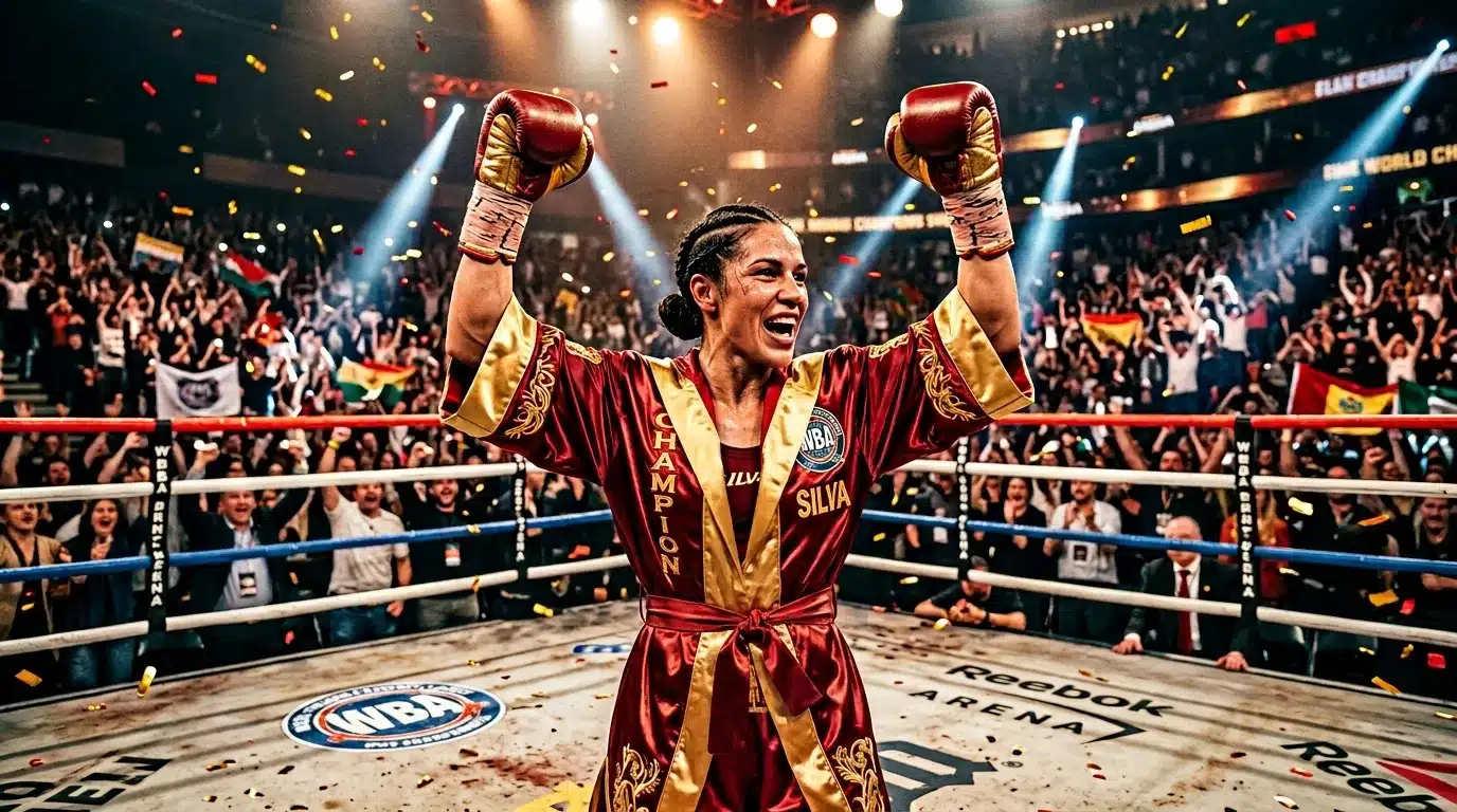 Boxeuse célébrant sa victoire, bras levés, ring professionnel