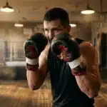 Homme en gants de boxe noirs et rouges dans une salle d'entraînement