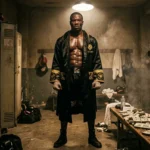 Athlète musclé en robe de boxe dans vestiaire gris