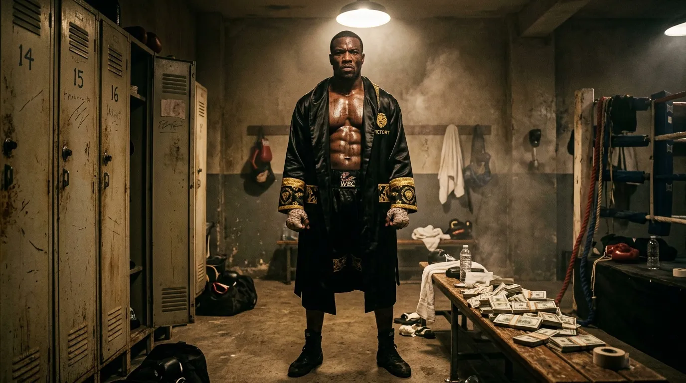 Athlète musclé en robe de boxe dans vestiaire gris