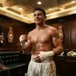 Boxeur musclé en salle de trophées et ceintures de boxe