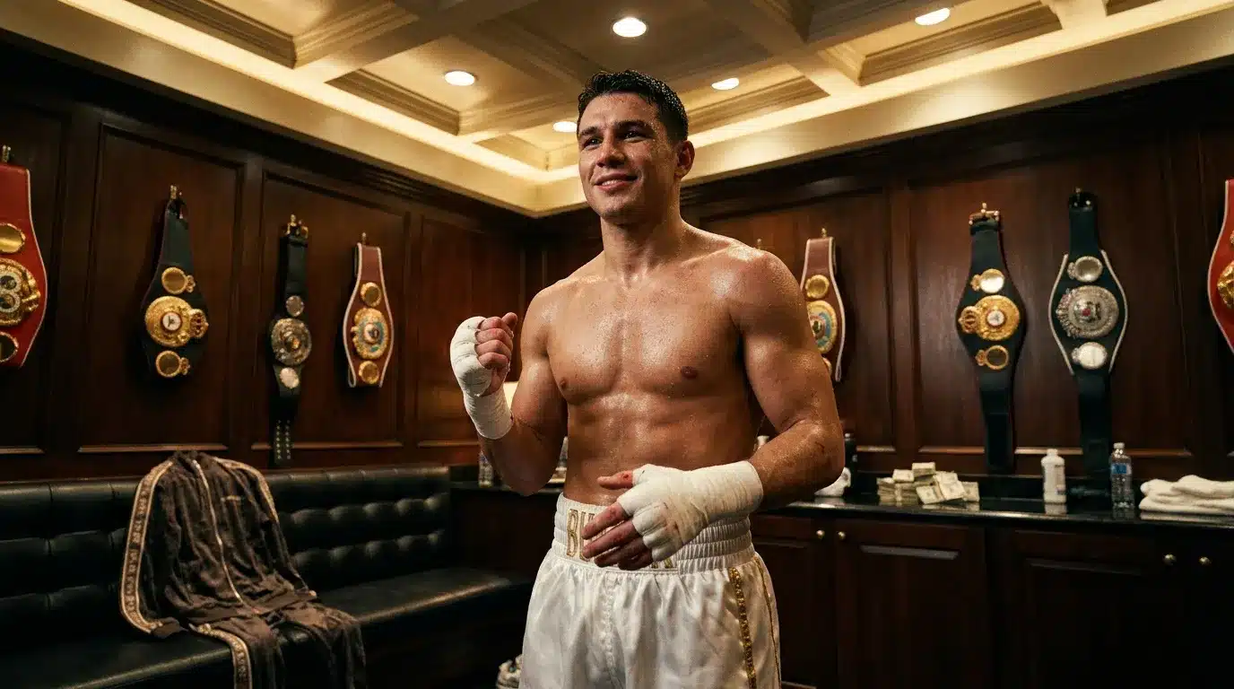 Boxeur musclé en salle de trophées et ceintures de boxe
