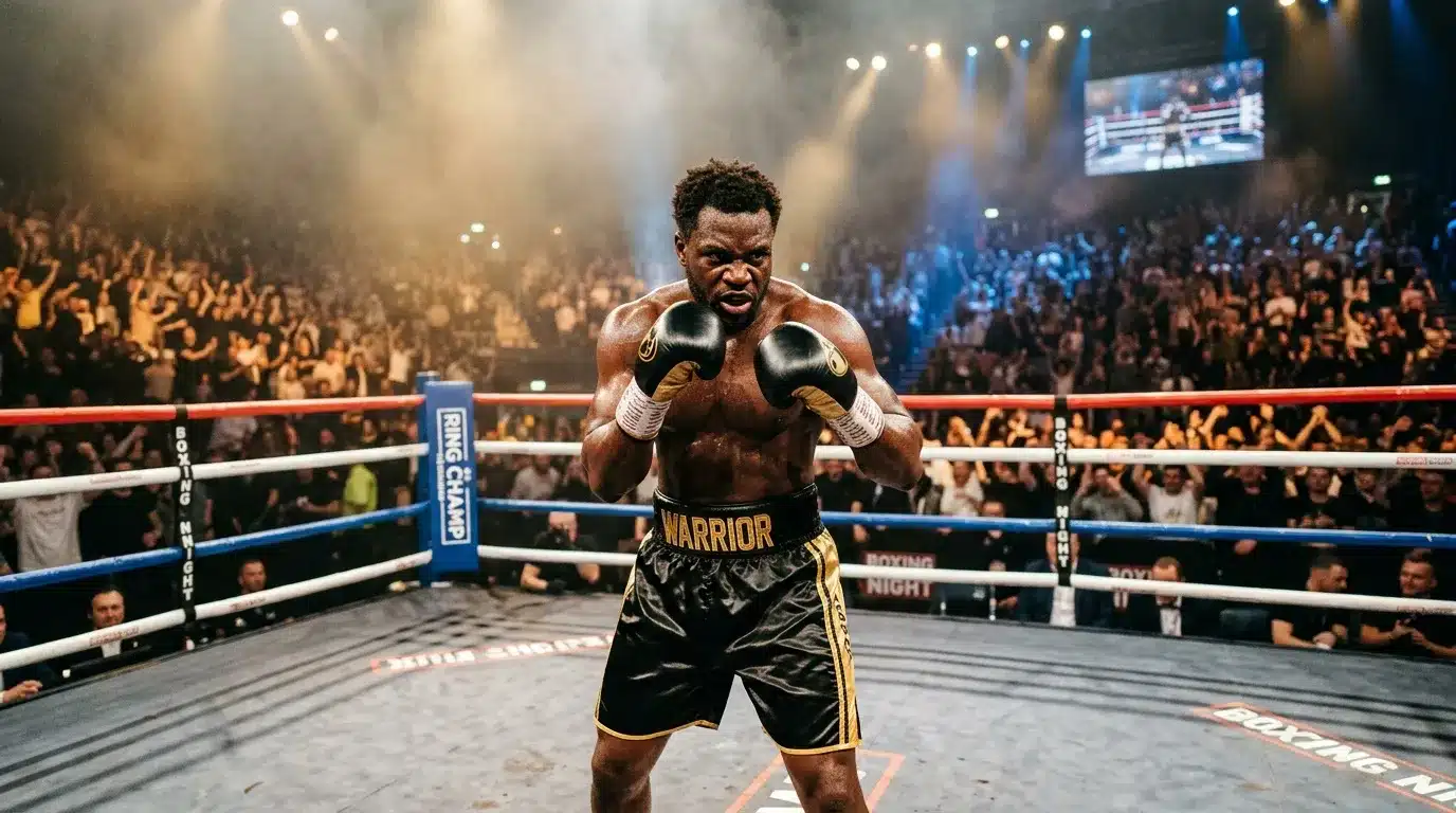Boxeur avec gants noirs et or dans un ring devant une foule
