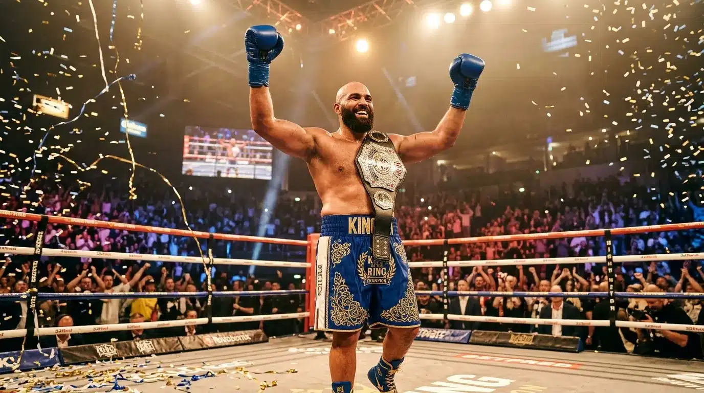 Boxeur victorieux lève les bras avec ceinture de champion