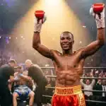 Boxeur victorieux lève les bras au ring devant foule