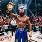 Boxeur triumphant brandissant sa ceinture championnat