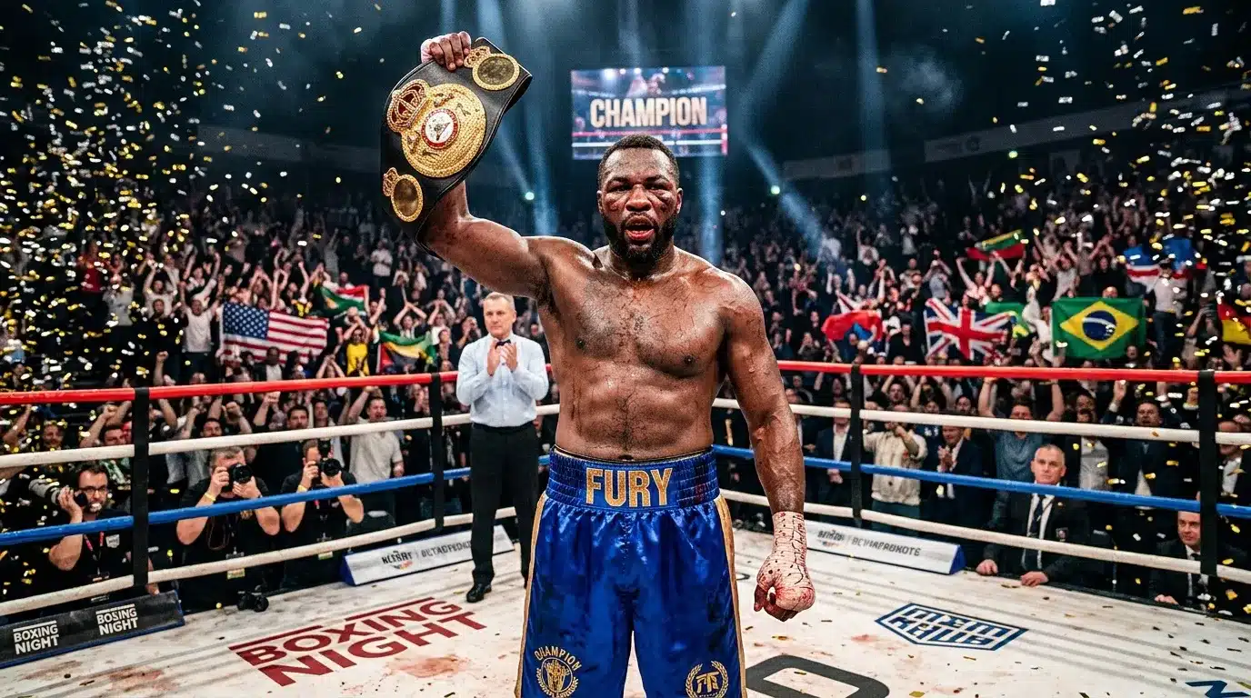 Boxeur triumphant brandissant sa ceinture championnat