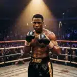 Boxeur musclé en position de combat dans un ring professionnel
