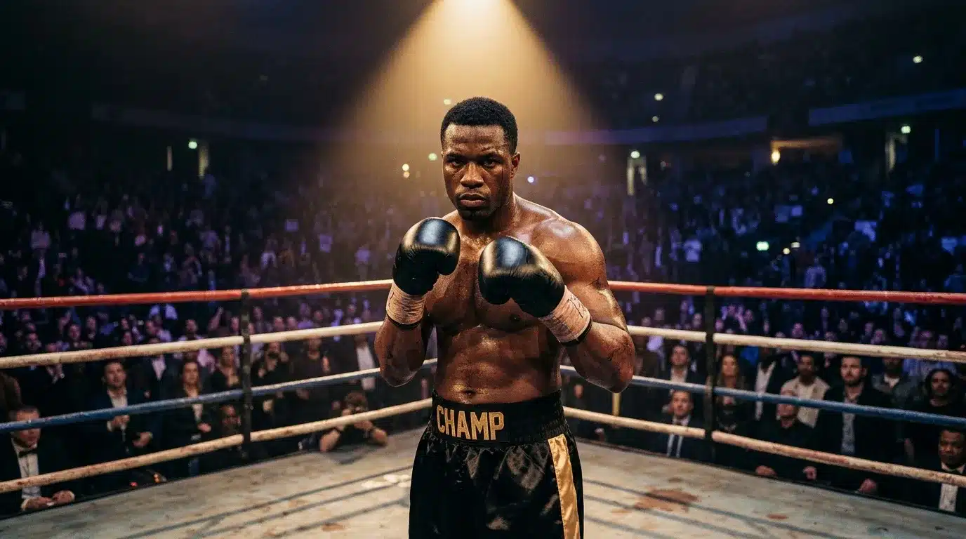 Boxeur musclé en position de combat dans un ring professionnel