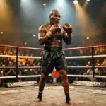 Boxeur musclé en position de combat dans un ring professionnel