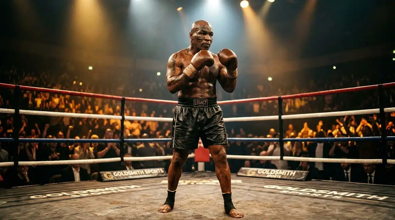 Boxeur musclé en position de combat dans un ring professionnel