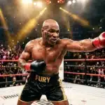 Boxeur musclé frappe au ring devant foule