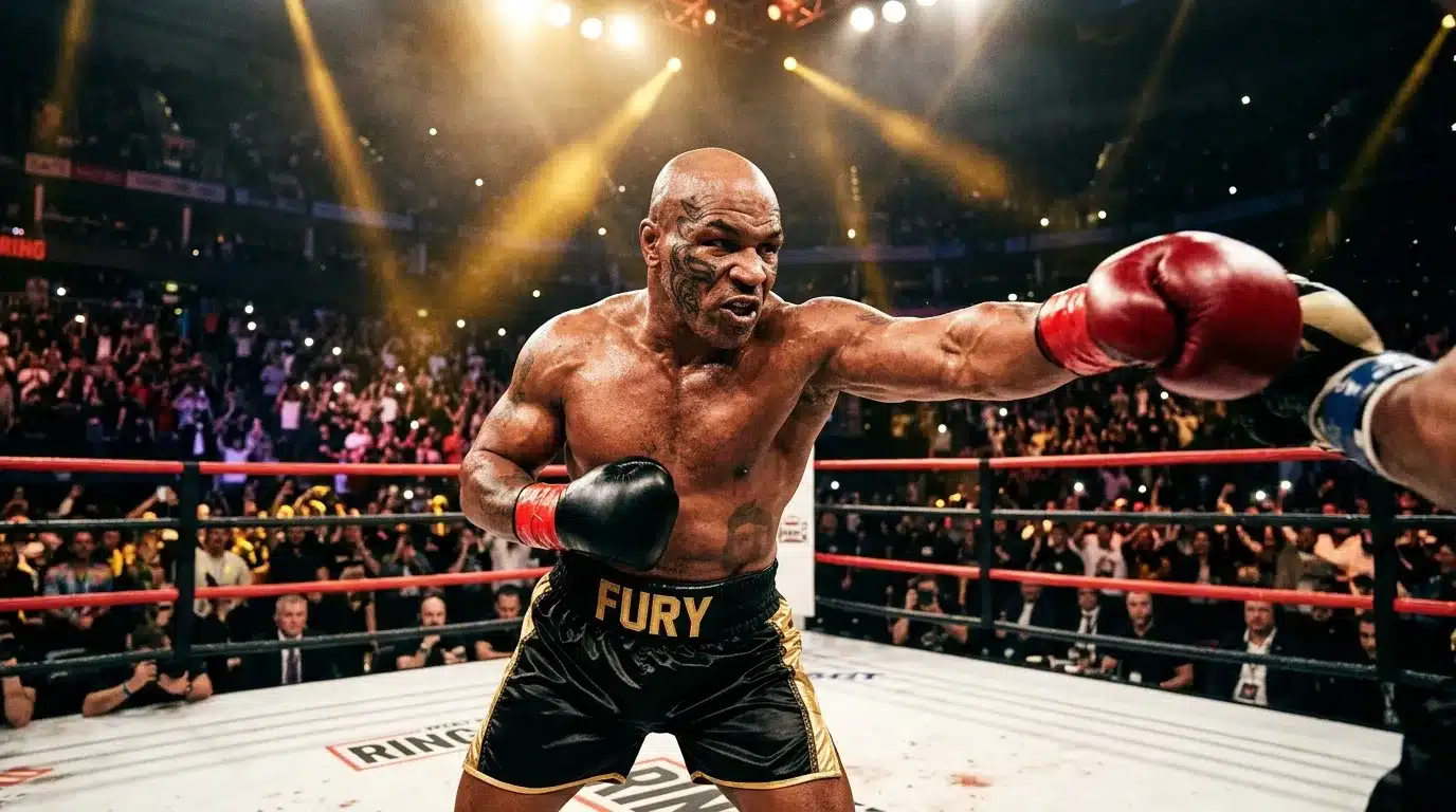Boxeur musclé frappe au ring devant foule