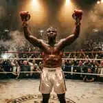 Boxeur lève les bras en victoire au ring