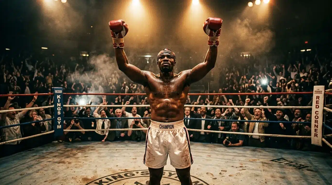 Boxeur lève les bras en victoire au ring