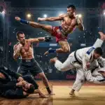 Athlètes en combat de boxe, judo et arts martiaux en arène.