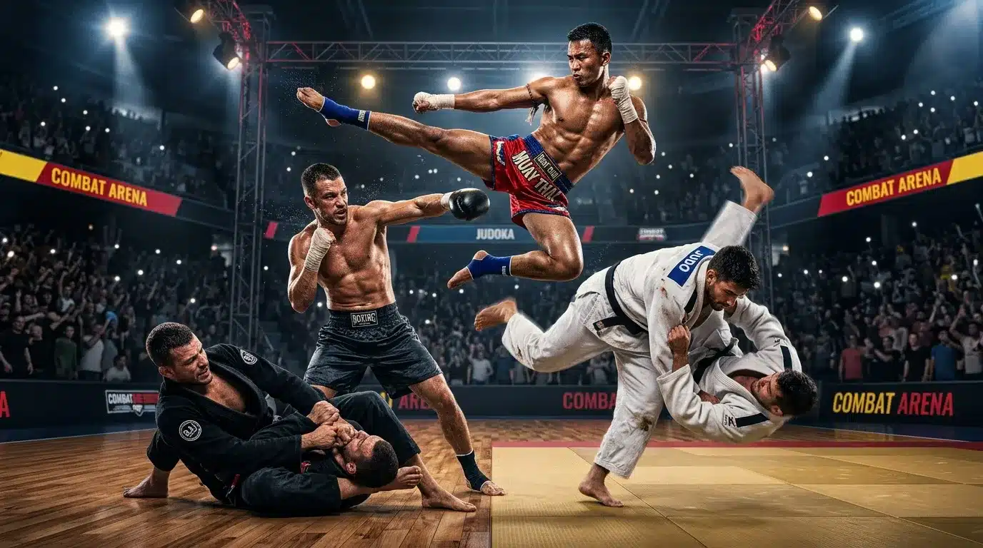 Athlètes en combat de boxe, judo et arts martiaux en arène.